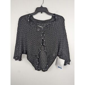 Vtg Nine West Womens Shawl Cardigan‎ Size S Black Crochet Sweater Boho Chic Bead